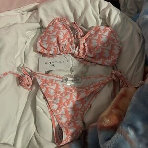 Dior Coral and White Bikini Set